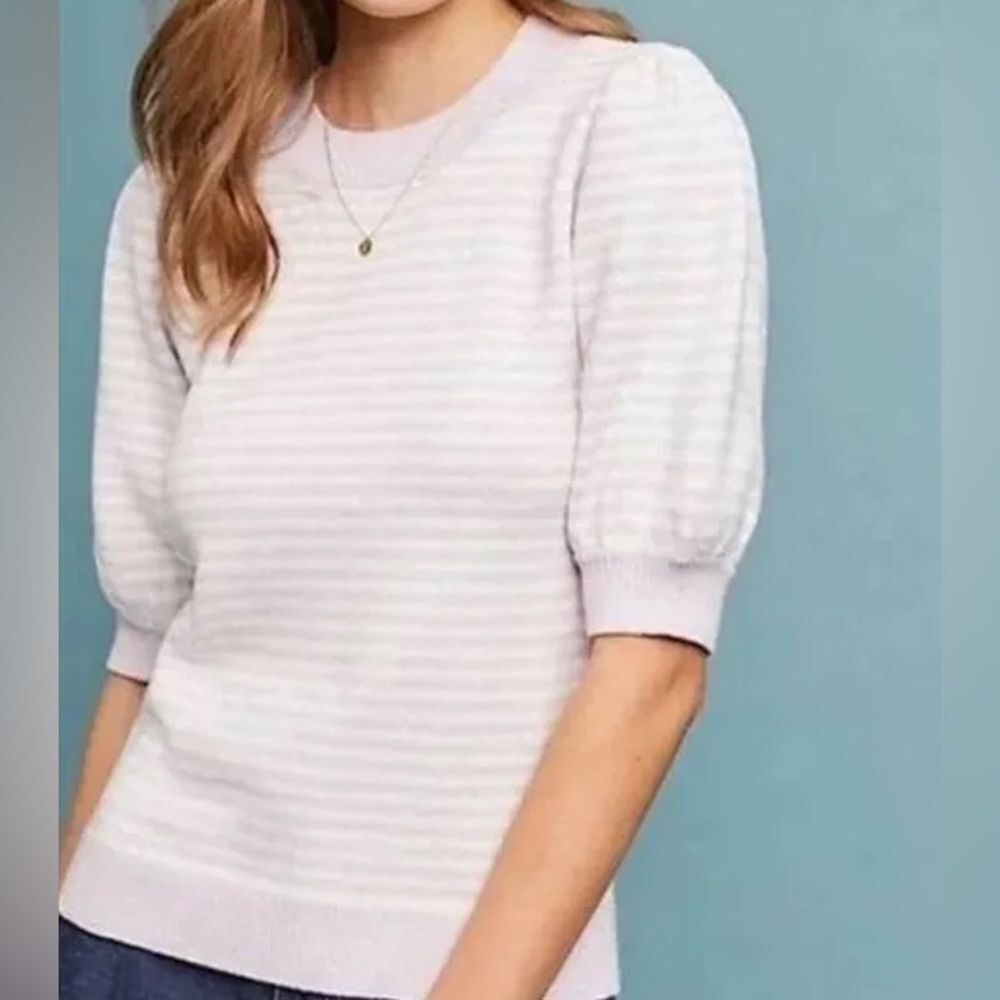ANTHROPLOGIE Moth Connelly Lilac Striped Short Puff Sleeve Spring Sweater V Day